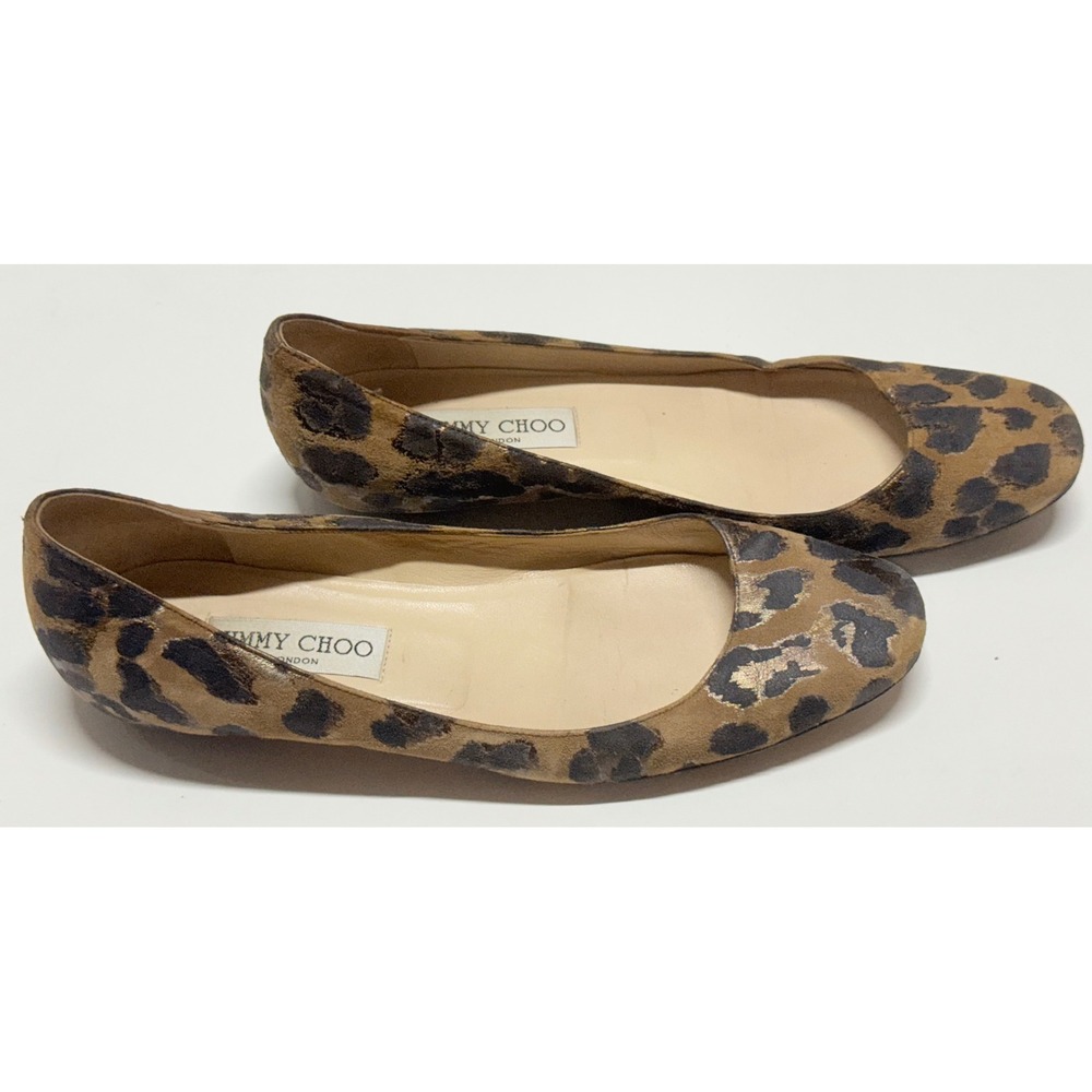 Jimmy Choo Leopard Print Metallic Gold Ballet Flats Brown Suede Leather 37.5